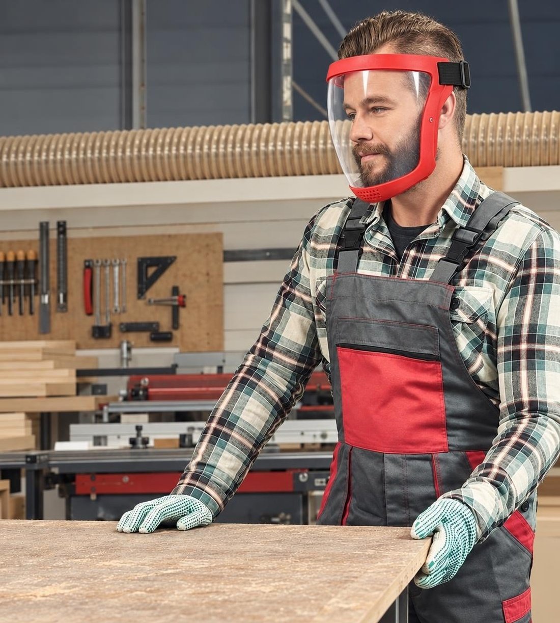 Bricoleur à l'établi portant la visière rouge à écran transparent, gants aux mains