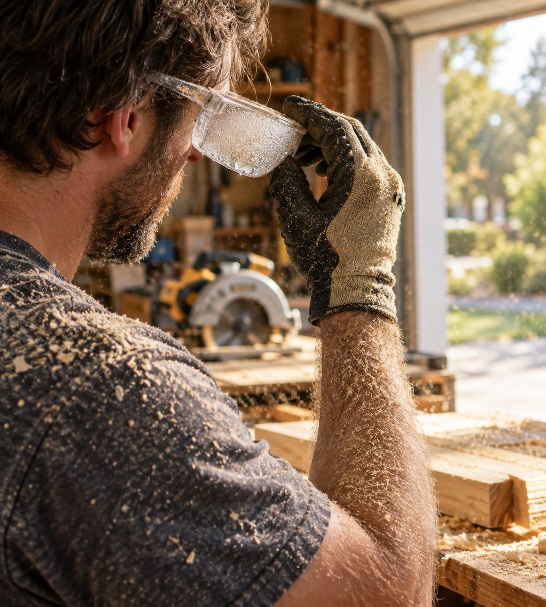 Bricoleur de dos dans un garage, ses lunettes de sécurité complètement embuées, de la sciure sur les bras et le T-shirt