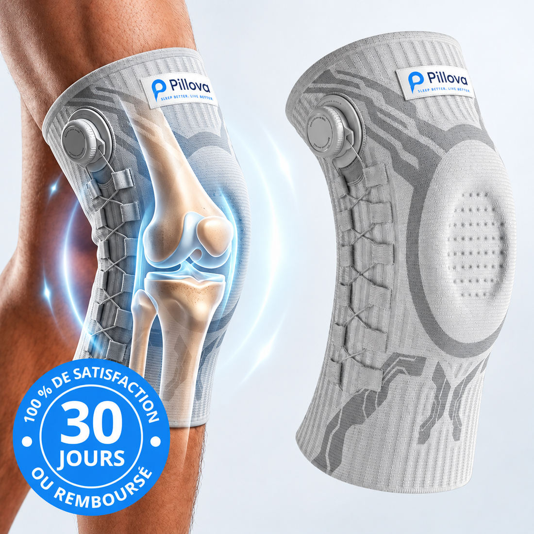 Pillova knee brace with adjustment dial