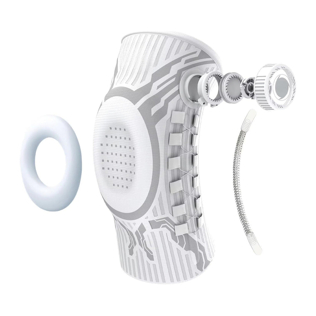 Knee brace exploded view: dial, gel ring and stabiliser