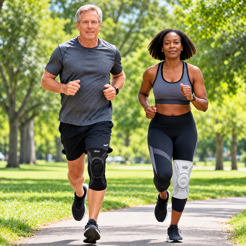 Two people jogging, knee brace on the knee