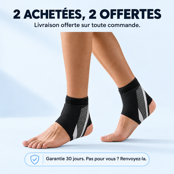 Carte offre : quatre chevillères réglables, deux achetées et deux offertes, livraison offerte et garantie de 30 jours