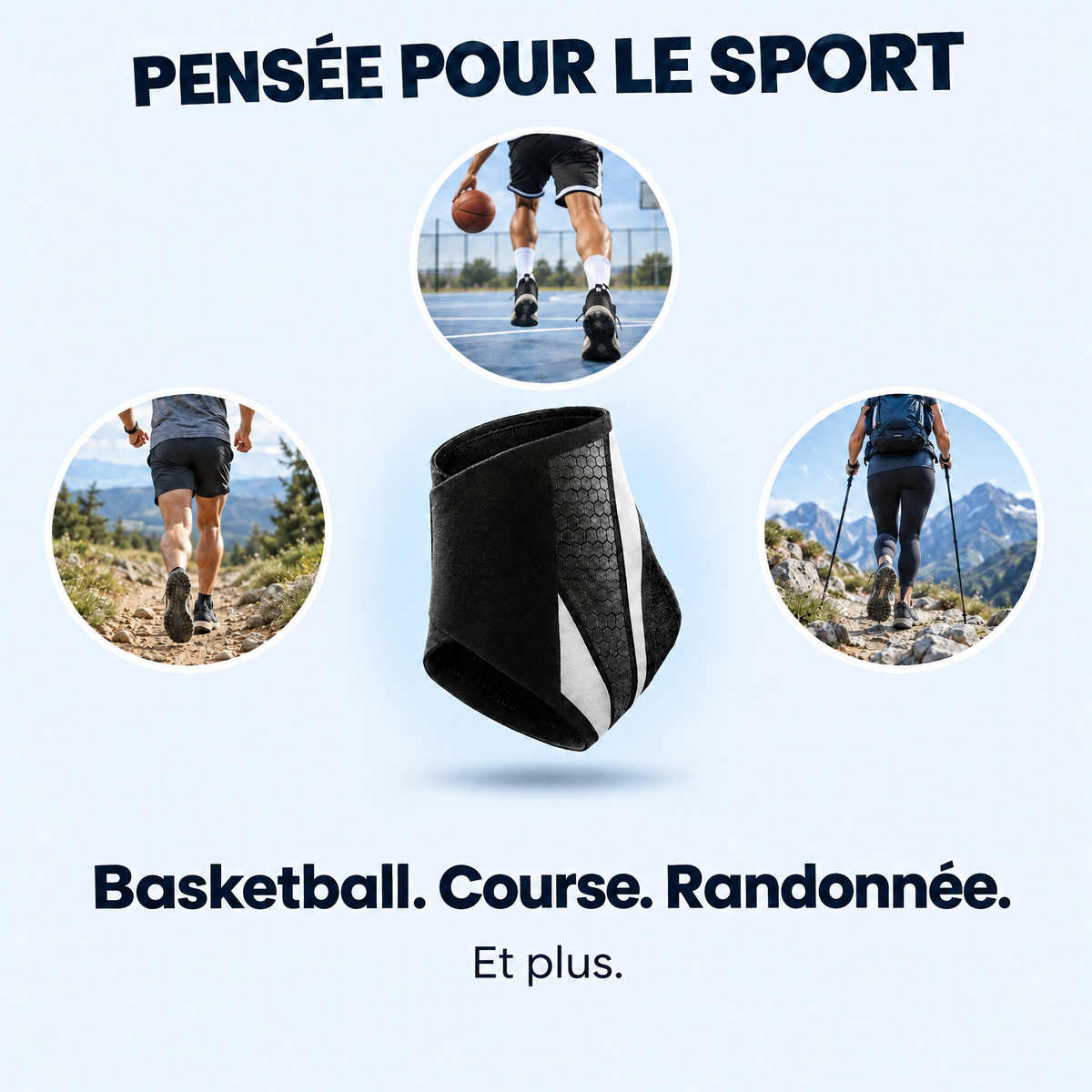 Carte usages : chevillère portée pour le basketball, la course et la randonnée
