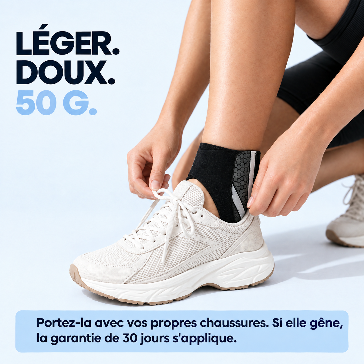 Carte légèreté : chevillère souple en Lycra de 50 g portée avec une chaussure