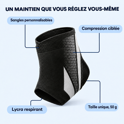 Carte composants : chevillère réglable en Lycra de 50 g, avec ses sangles personnalisables et sa compression ciblée