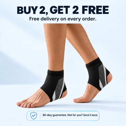 Offer card: four adjustable ankle braces, two bought and two free, free delivery and a 30-day guarantee