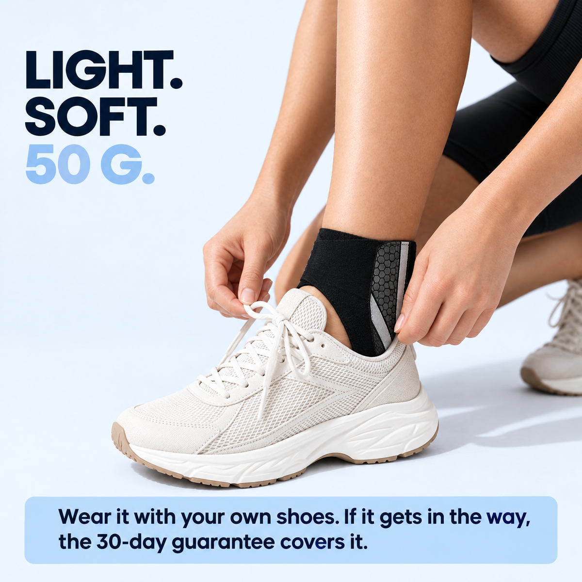 Lightness card: soft 50 g Lycra ankle brace worn with a shoe