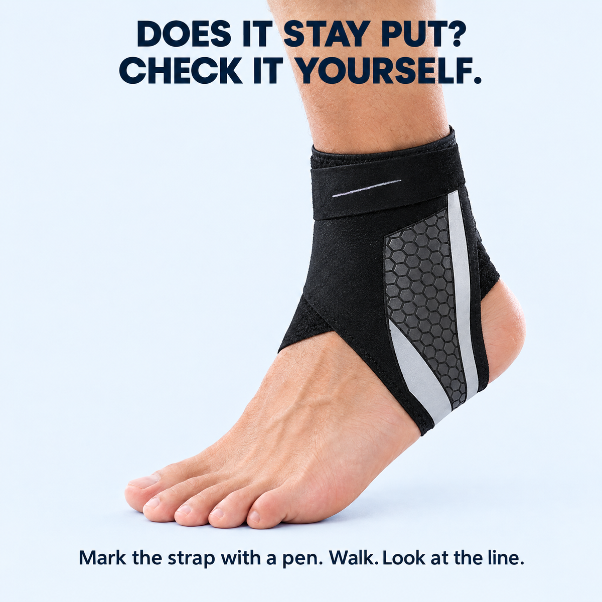Check card: strap marked with a pen line to check that the adjustment does not move while walking