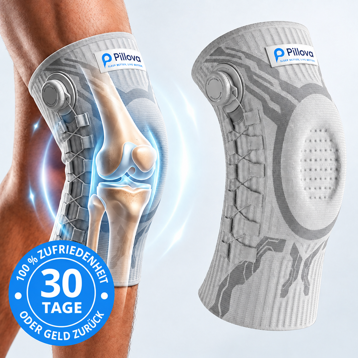 Pillova Kniebandage mit Einstellrad, 30 Tage Zufriedenheitsgarantie