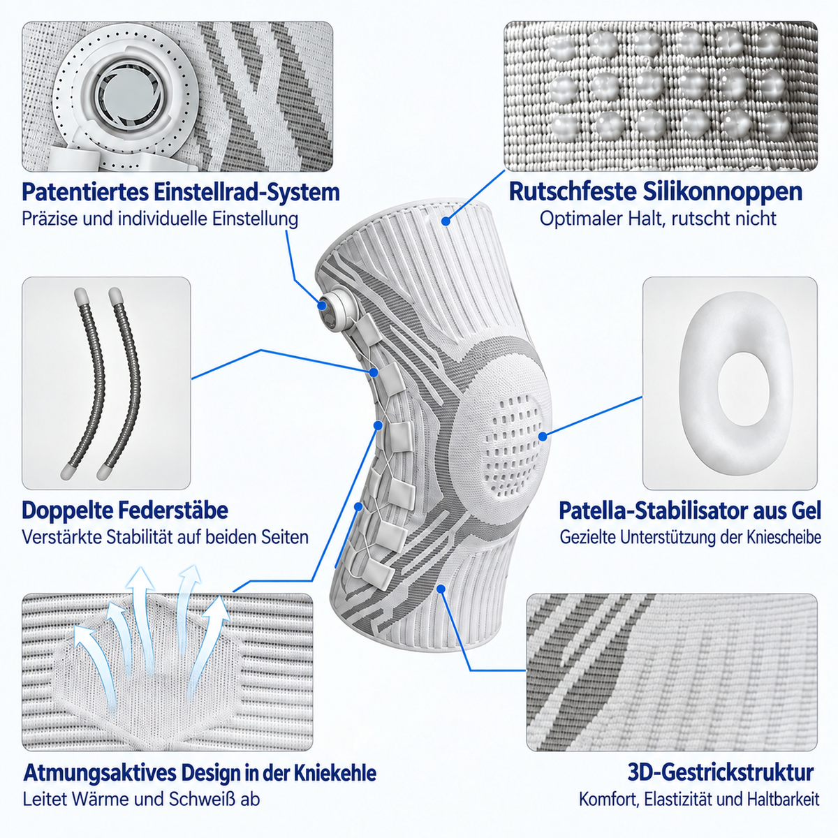 Patentiertes Einstellrad-System, Silikonnoppen, Gelpolster