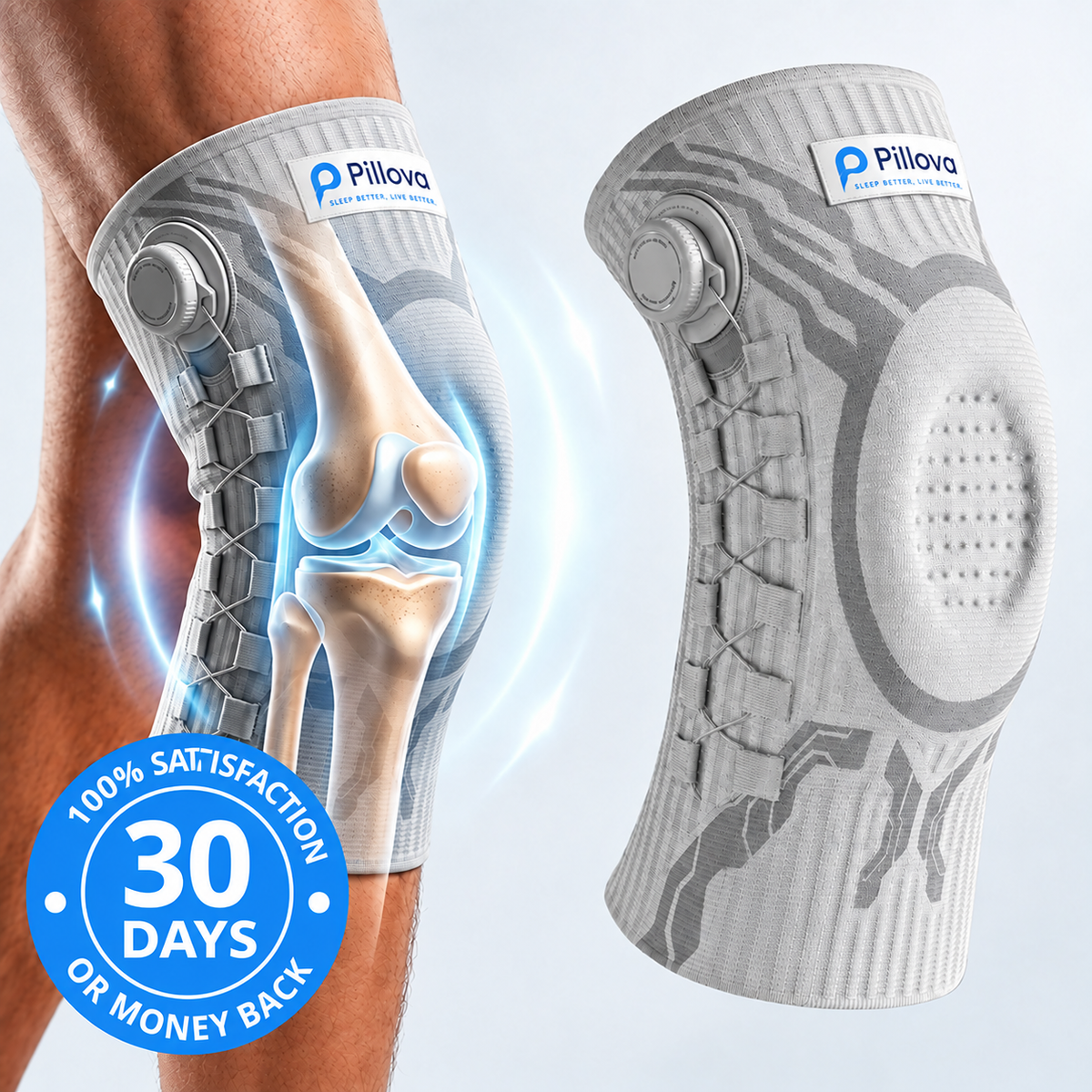 Pillova knee brace with adjustment dial, 30 day money back guarantee