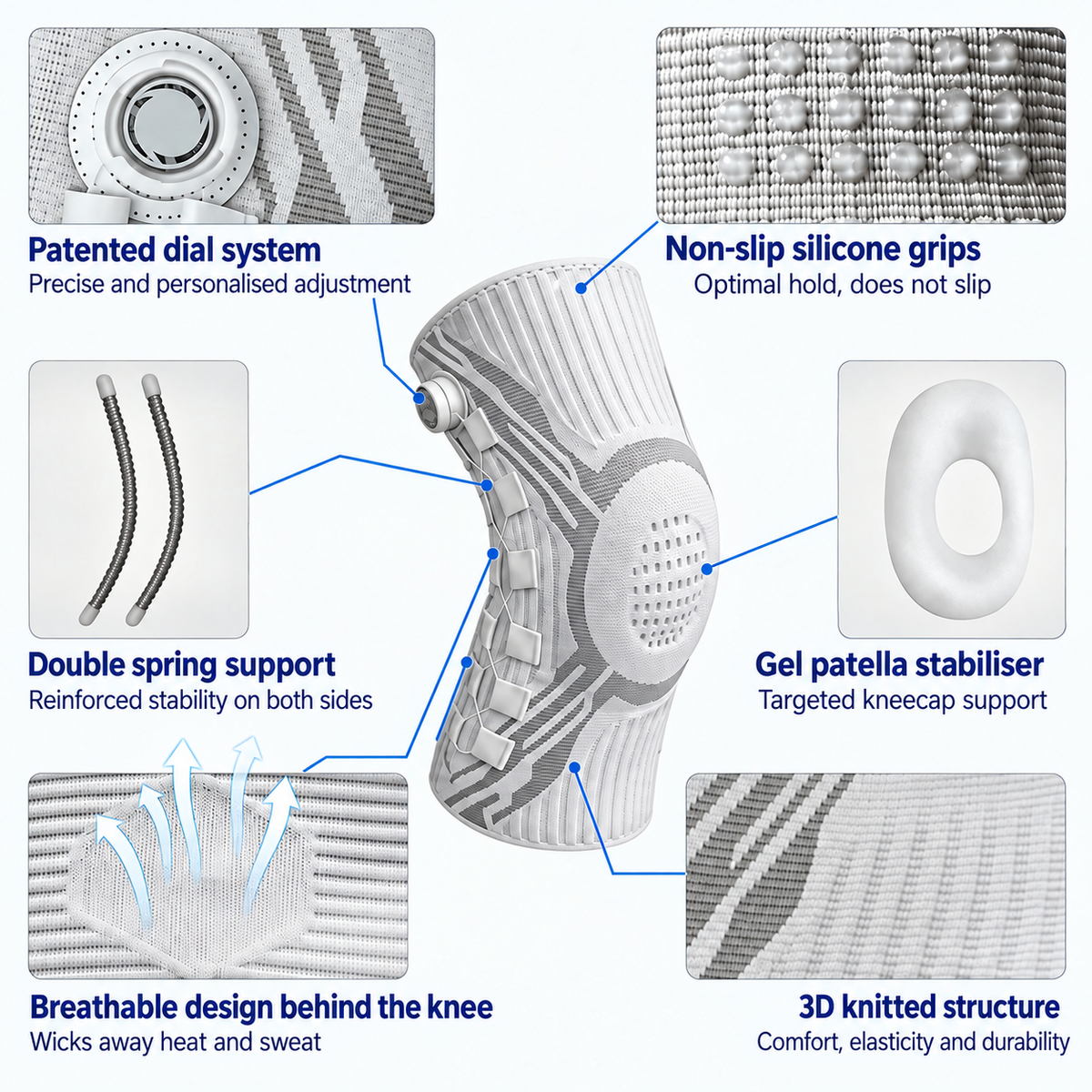 Patented dial system, silicone grips, gel patella stabiliser
