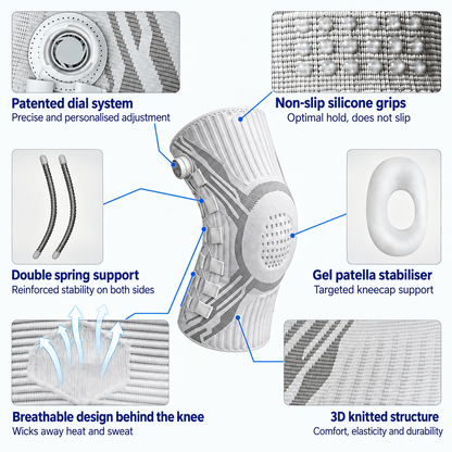 Patented dial system, silicone grips, gel patella stabiliser