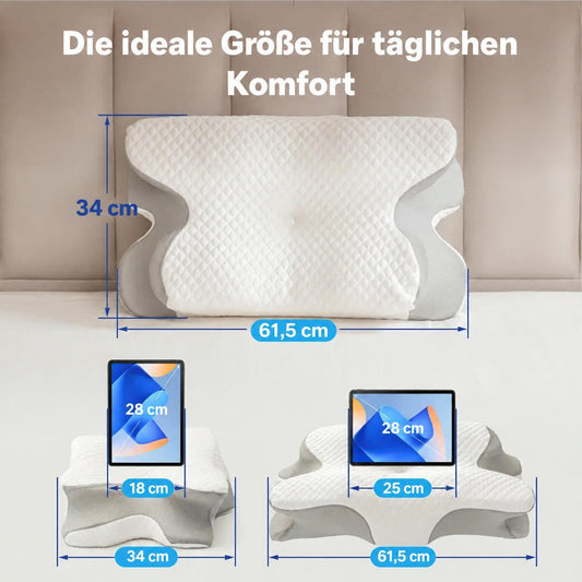 Maße des Pillova Nackenstützkissens: 61,5 cm breit, 34 cm tief, mit einem 28-cm-Tablet zum Vergleich