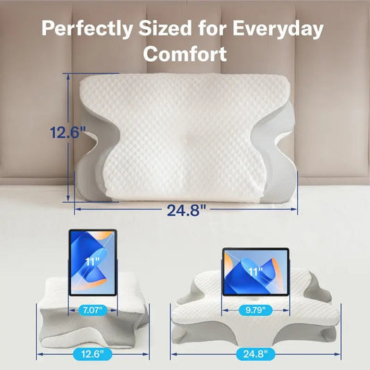Pillova cervical pillow dimensions, with an 11 inch tablet for scale