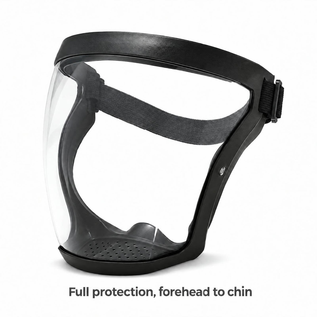 Black full face shield with clear screen, three-quarter view, with the caption Full protection, forehead to chin