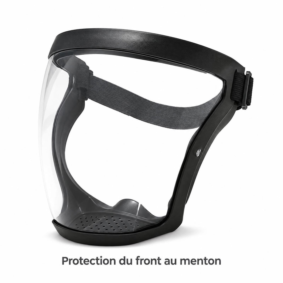 Visière de protection intégrale noire à écran transparent, vue de trois quarts, avec la mention Protection du front au menton