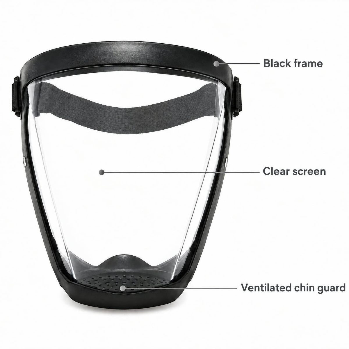 Shield components: black frame, clear screen and ventilated chin guard