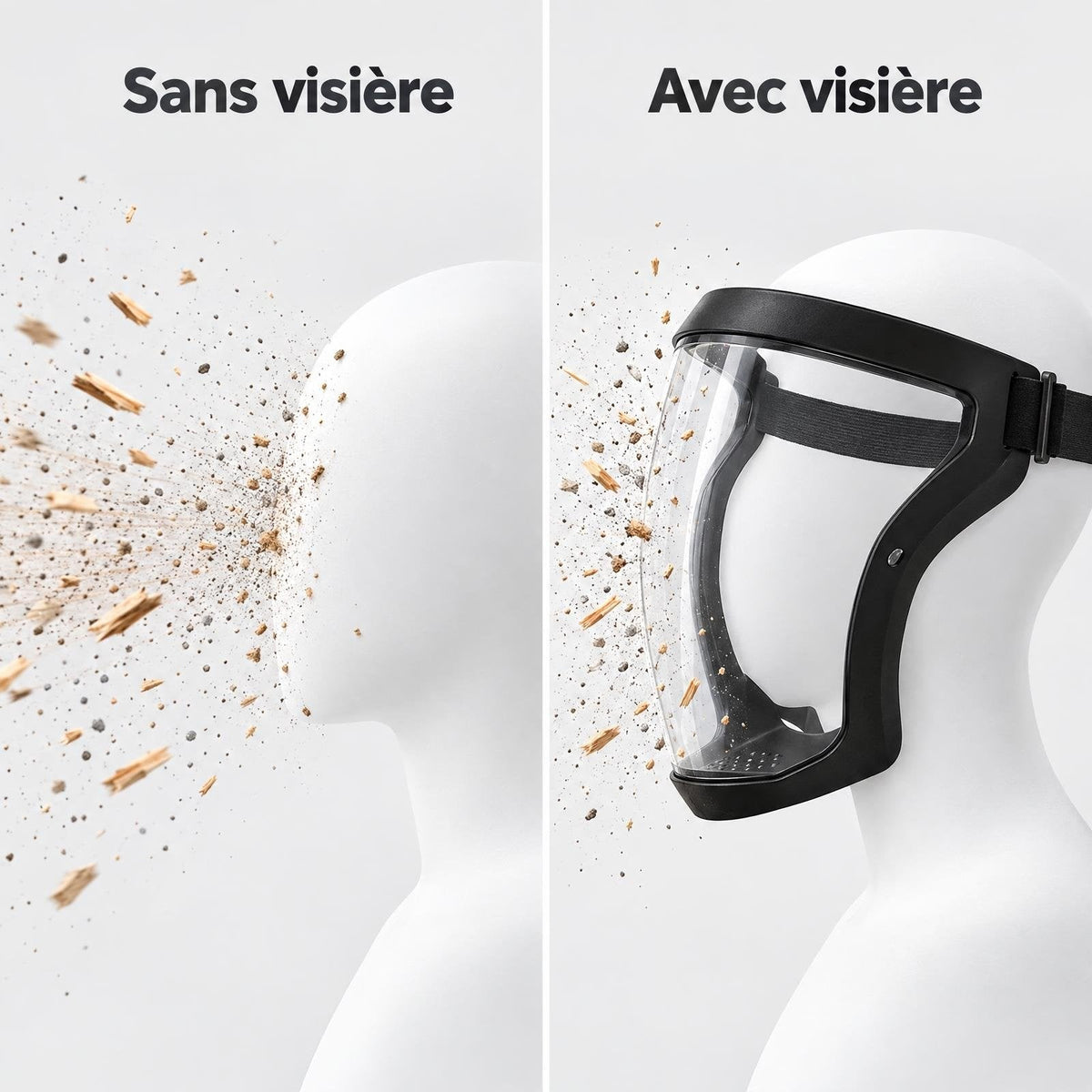 Comparaison sans visière et avec visière face à des poussières et des éclats de bois